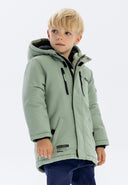 Boys parka jacket in sage green with quilted hood and black trim