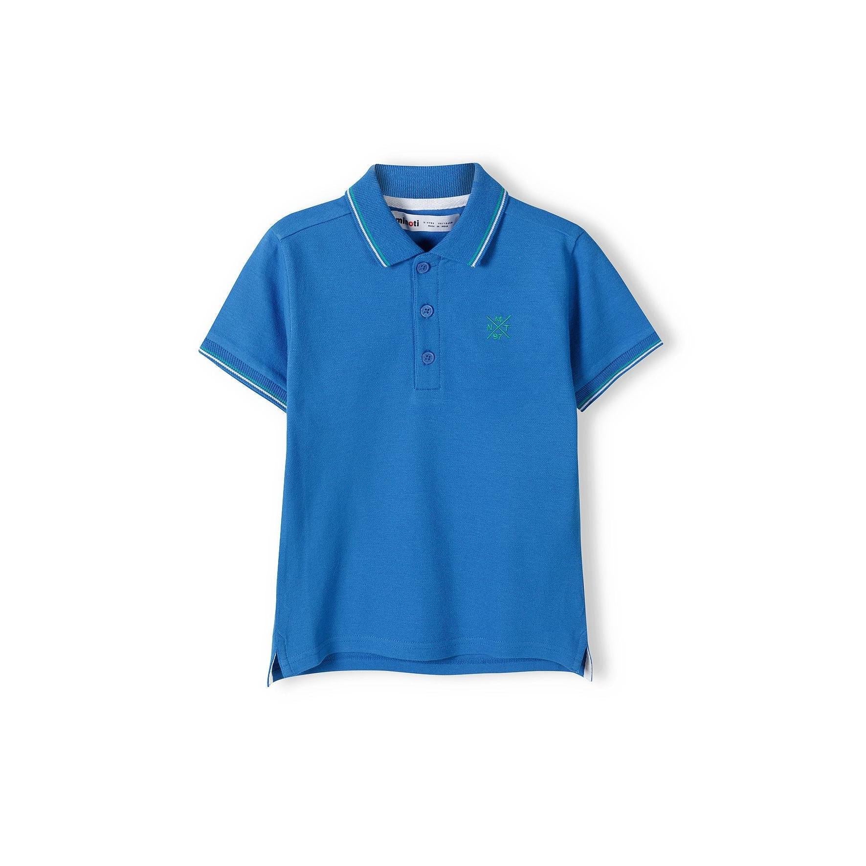 Blue polo shirt with white and green contrast tipping on collar and sleeves, front view showing button placket and small embroidered logo on chest, flat lay on white background