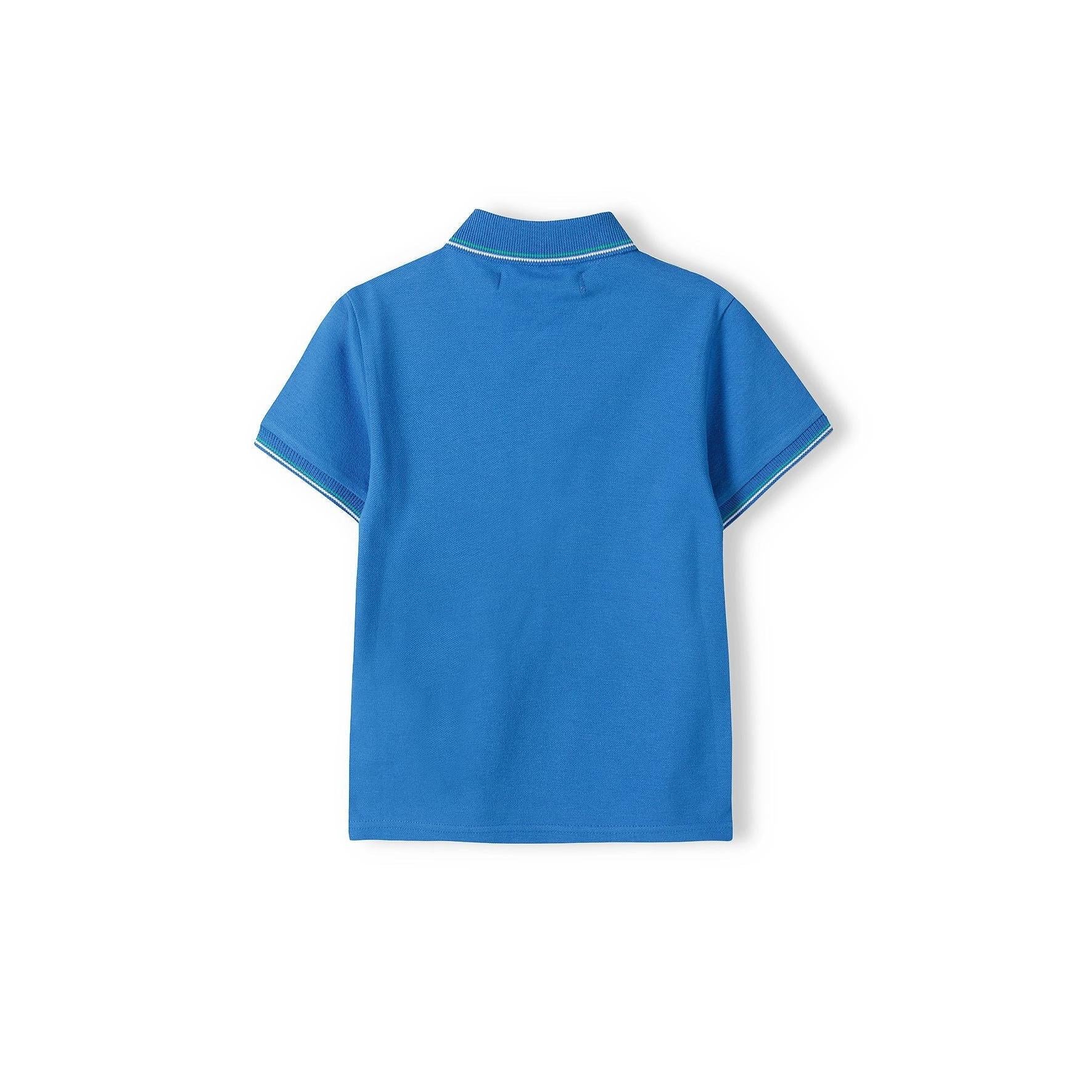 Back view of blue polo shirt showing plain design and contrast tipping detail on collar, flat lay on white background