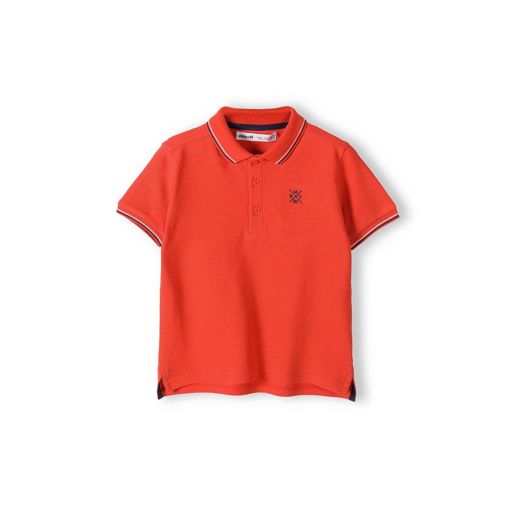 Back view of red polo shirt laid flat showing contrast tipping detail on collar and sleeves against white background