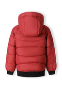 Boys quilted padded red jacket with black trim, hood, cuffs and hem