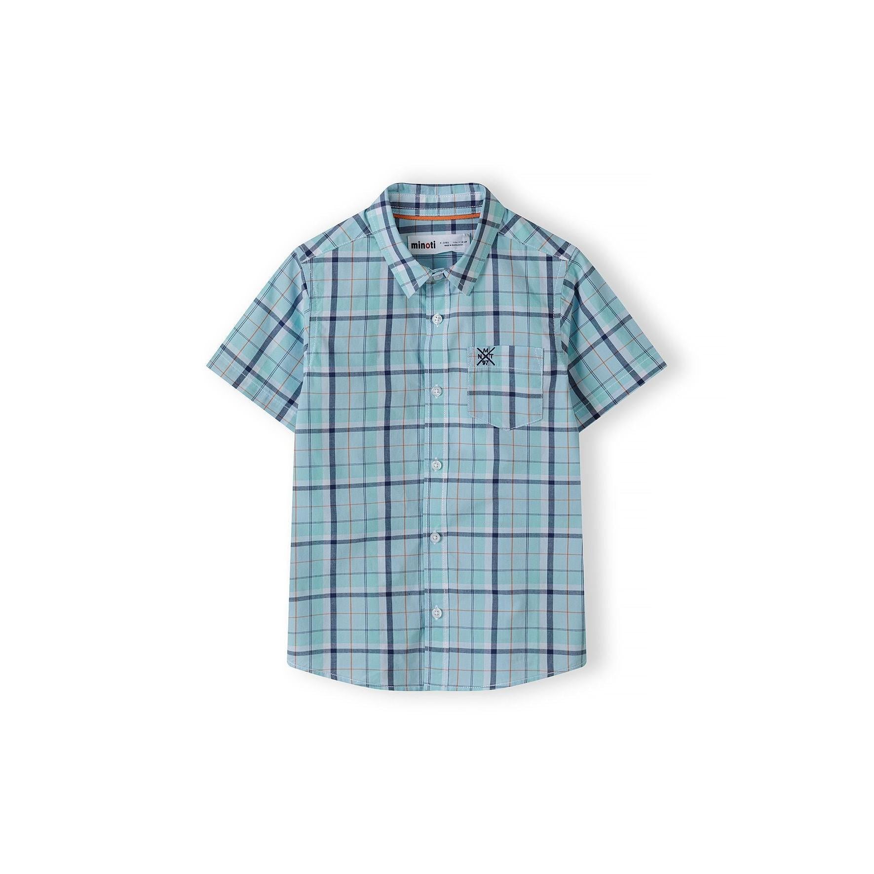 Light blue checked short sleeve shirt for boys displayed flat against white background, showing classic collar and button-front design with chest pocket