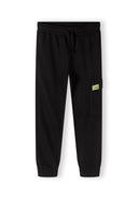 Fleece joggers in black with elasticated waistband and side pocket, designed for boys 3-8y.