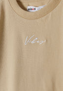 Boys short sleeve t-shirt with joggers set black 3-8y. Soft cotton blend in beige with embroidered text detail. Ideal for casual wear.