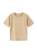 Tan short sleeve t-shirt with front embroidery. Soft cotton material for comfort. Designed for kids, available in various sizes.