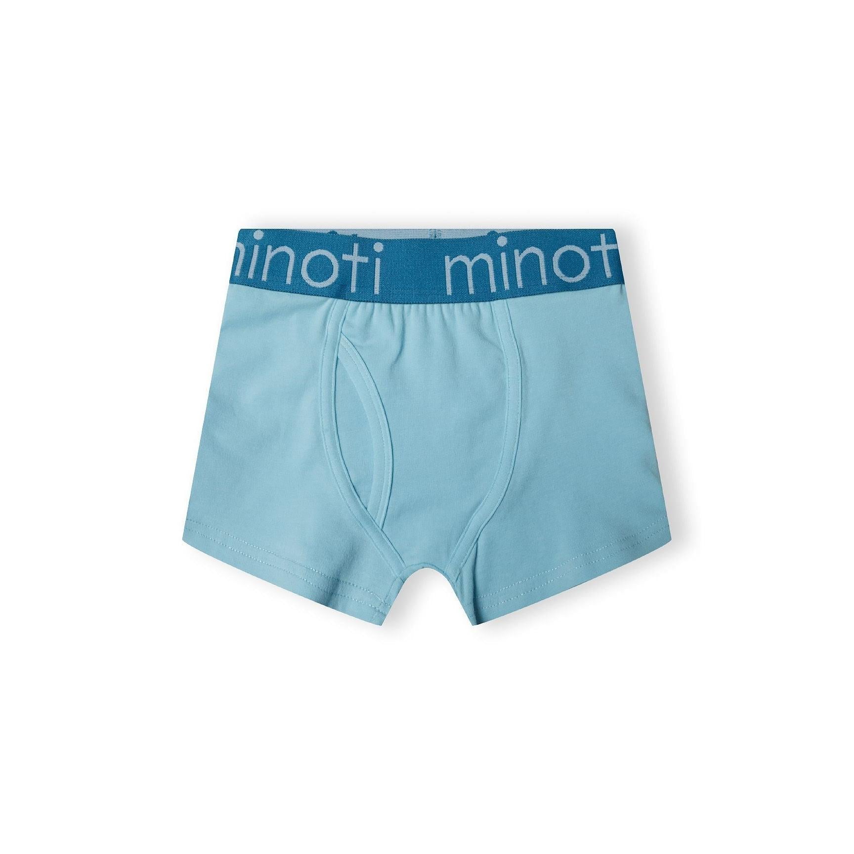 Light blue trunk with branded elastic waistband showing Minoti logo, front view on white background displaying comfortable trunk style