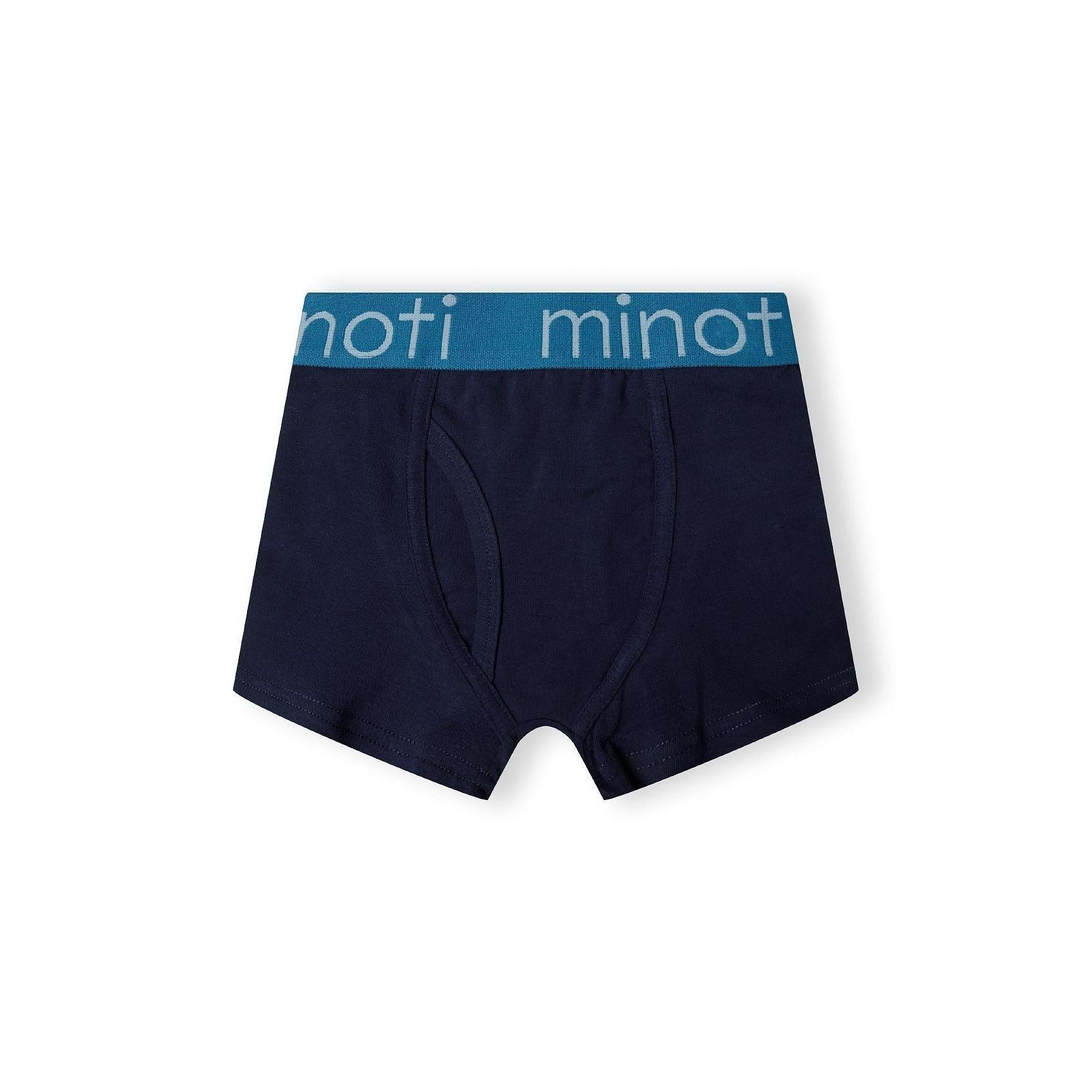 Light blue trunk with branded elastic waistband showing Minoti logo, front view on white background displaying comfortable trunk style