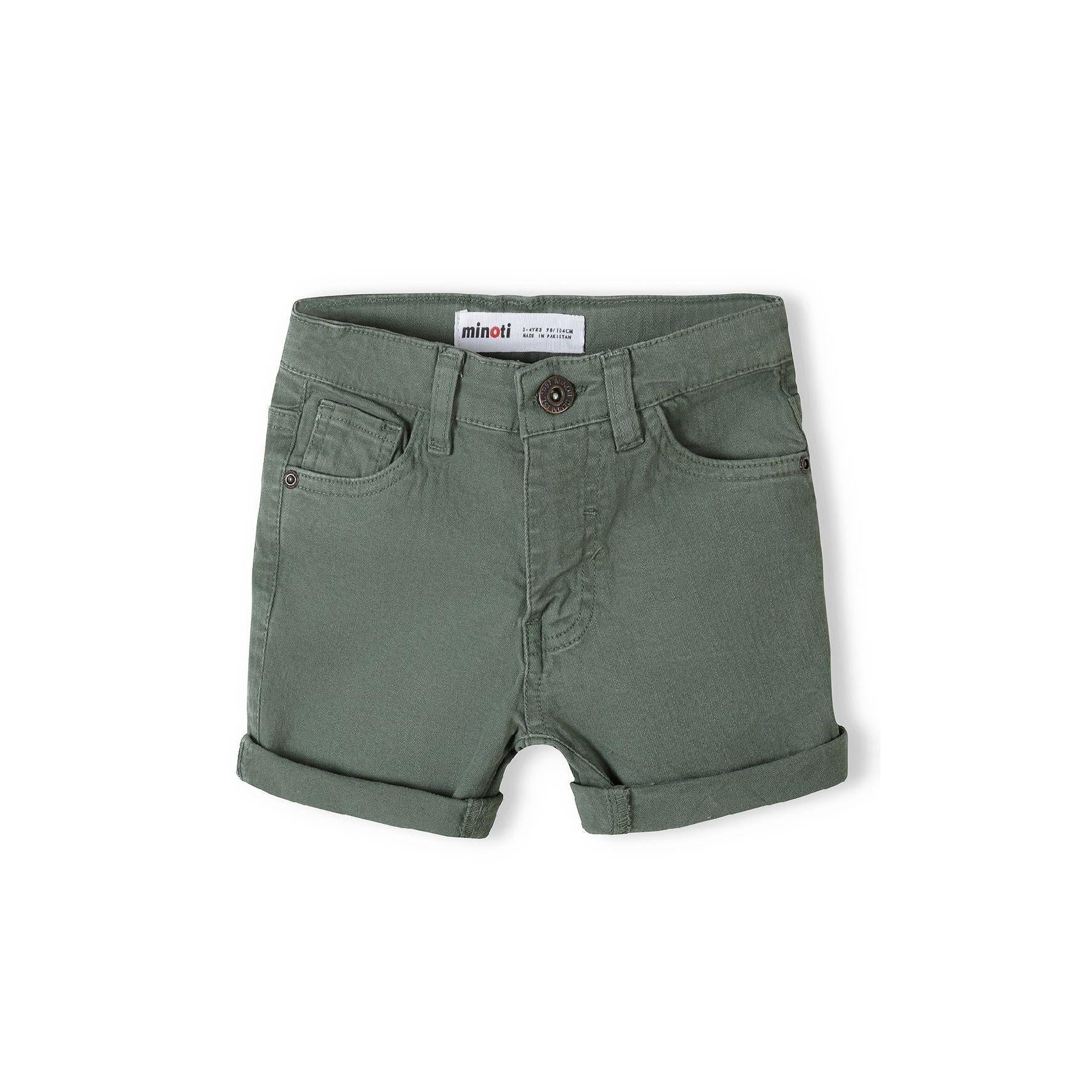 Back view of khaki twill shorts showing five pocket design with brown leather label patch