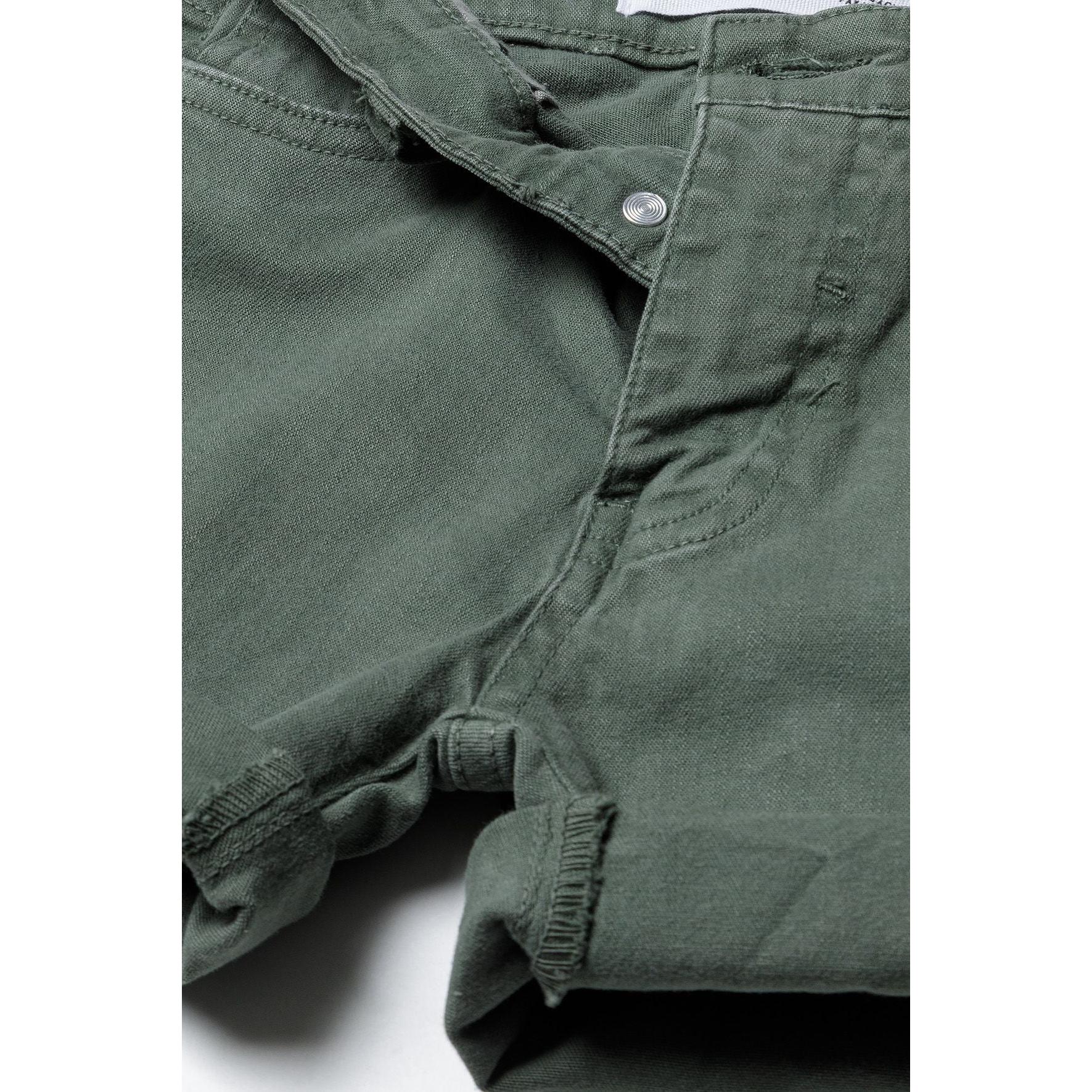 Close-up detail of khaki twill shorts showing front zip fly closure and fabric texture