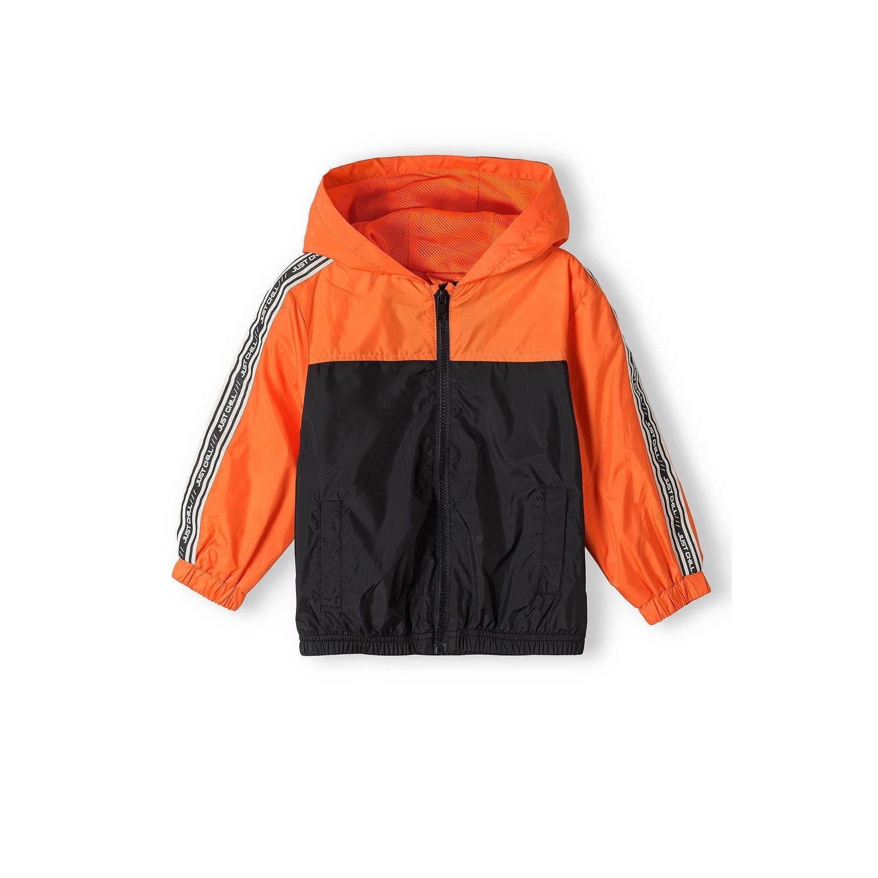 Back view of orange and black windbreaker jacket showing hood design and color blocking detail on white background