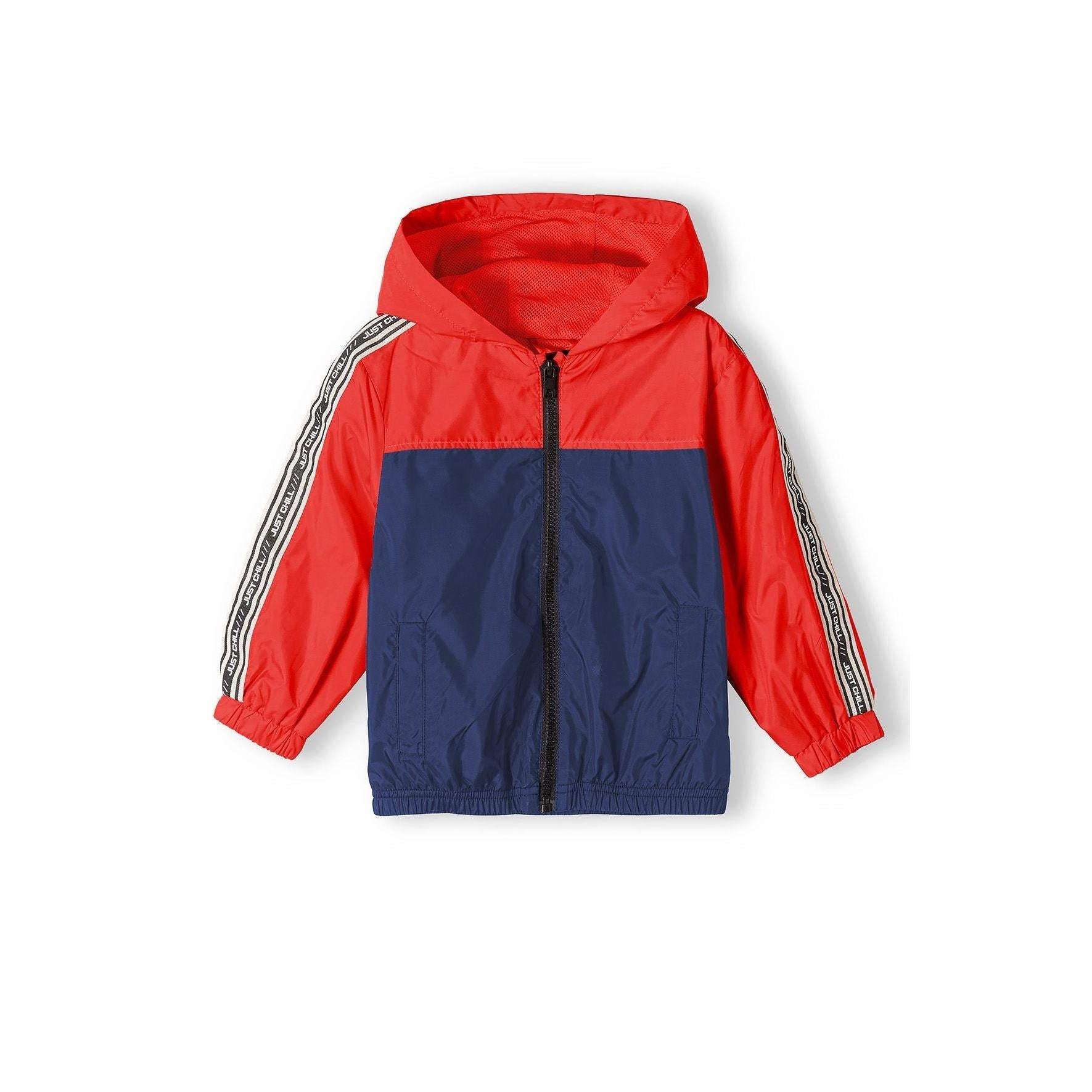 Red and navy windbreaker jacket with hood displayed flat on white background, showing colorblock design and side tape details