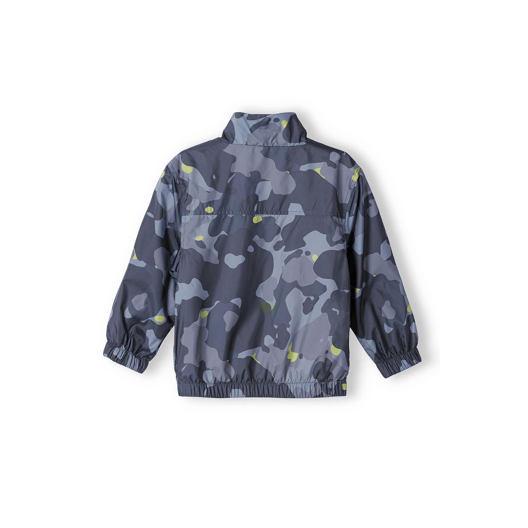 Black camouflage windbreaker jacket laid flat showing back view with elasticated cuffs and hem details