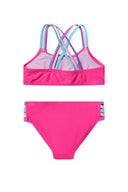 Bright pink girls bikini set with colorful crisscross straps