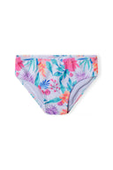 Girls bikini set with vibrant tropical floral print and ruffled straps