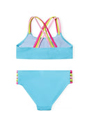 Light blue girls bikini set with colorful crisscross straps and side detailing