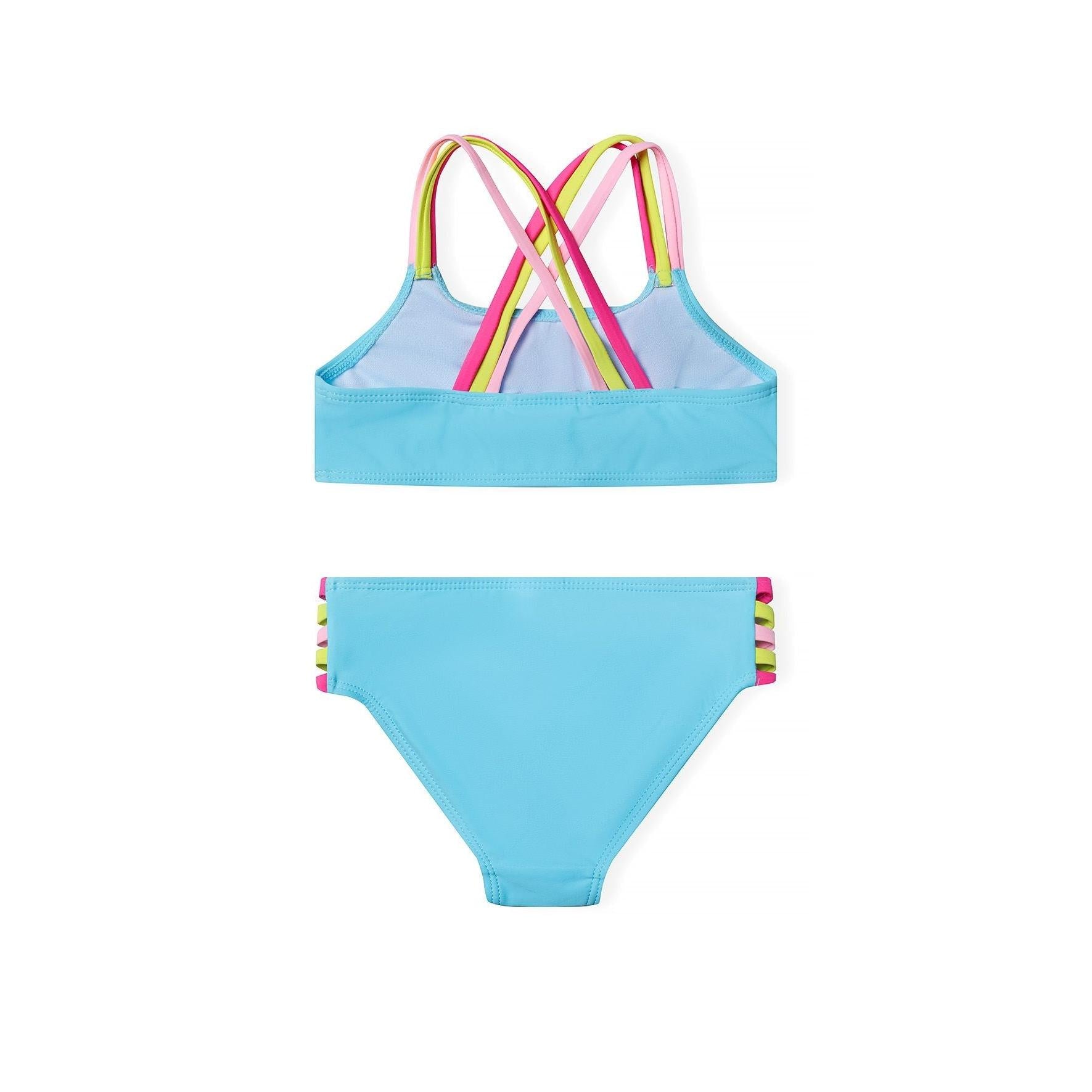 Back view of turquoise bikini top showing colourful crossed straps in pink, yellow, green and purple on white background