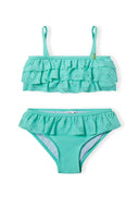 Turquoise girls bikini set with ruffled eyelet fabric and thong bottom