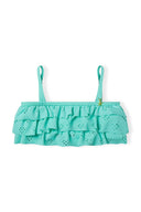 Turquoise ruffled eyelet girls bikini set top with adjustable straps