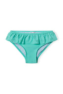 Teal ruffled girls bikini set bottom with eyelet detailing and gray lining