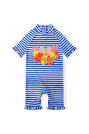 Girls cobalt blue rash suit with floral crab applique on chest
