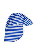 Girls cobalt blue rash suit with floral crab applique and blue white striped swim cap