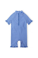 Girls cobalt blue rash suit with blue white stripes and crab applique