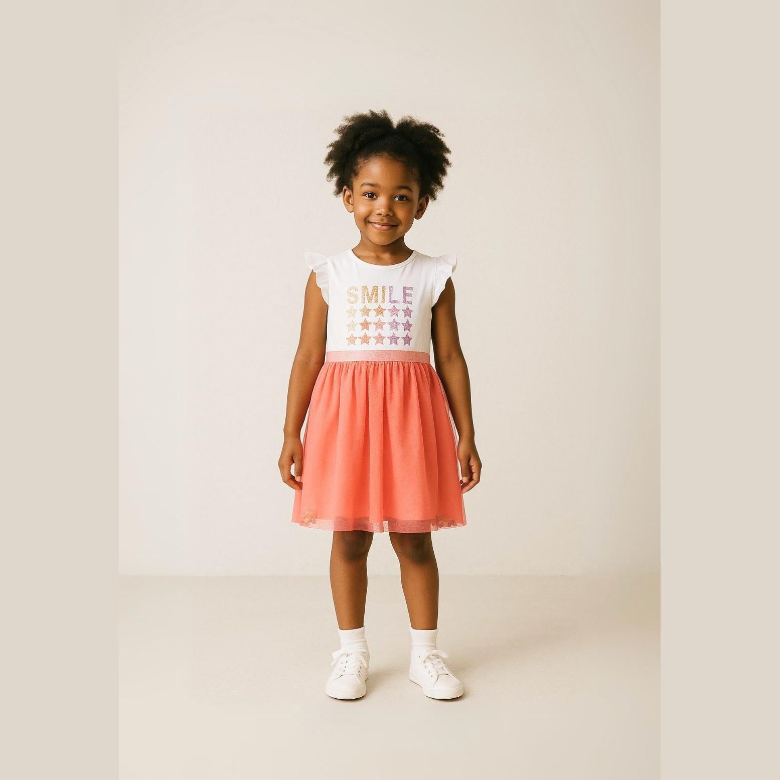 Young girl wearing coral and white frill sleeve dress with SMILE star print, standing on neutral background