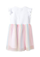 Girls dress with white frill sleeves bow and pastel rainbow tulle skirt