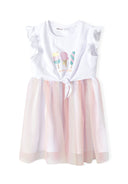 White girls dress with frill sleeves bow and pastel pink tulle skirt