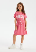 Girls fleece dress in coral pink with London graphic and drawstring waist
