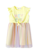 Girls frill sleeve dress with pastel yellow mesh skirt and hey girl sequins
