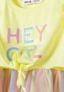 Girls frill sleeve dress with pastel yellow mesh skirt and sequined hey girl top