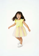 Girls frill sleeve dress with pastel yellow mesh skirt and cheerful girl