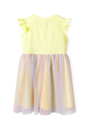 Girls frill sleeve dress with pastel yellow mesh skirt