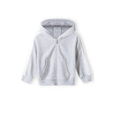 Girls grey hooded zip-through fleece jacket with contrasting sleeve panels, ribbed cuffs, and kangaroo pocket.