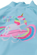 Girls light blue unicorn rash suit with matching swim hat