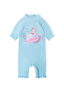 Girls light blue unicorn rash suit with matching swim hat