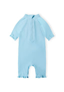 Girls light blue unicorn rash suit with ruffled sleeves and swim hat