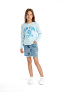 Girls long sleeve light blue New York City tee with bold teal print