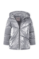 Girls metallic padded jacket in silver with quilted hooded design and Minetti label