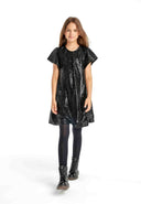 Black sequined girls party dress with short sleeves and flared skirt