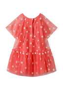 Girls party dress in coral tulle with white daisy embroidery and flutter sleeves