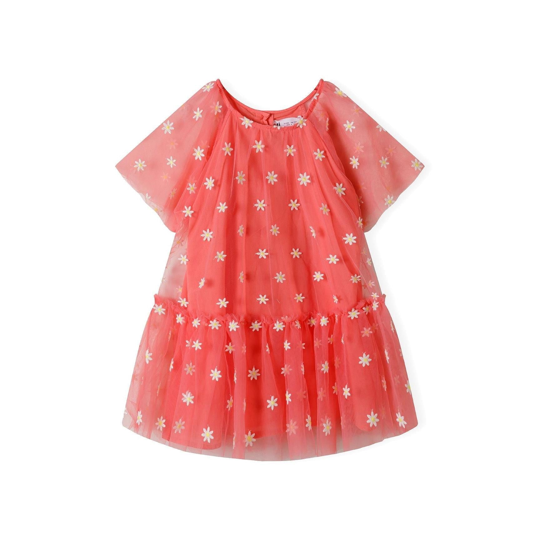 Coral party dress with floral embroidery front view on white background