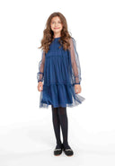 Navy blue girls party dress with polka dot sheer sleeves and ruffles