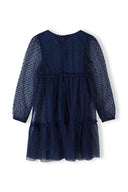 Navy blue polka dot girls party dress with tulle, sheer sleeves, ruffles