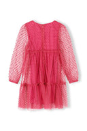 Vibrant pink girls party dress with tiered sheer polka dot tulle sleeves