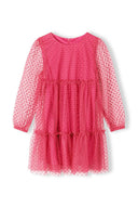 Vibrant pink girls party dress with tiered sheer tulle polka dot sleeves