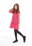 Vibrant pink girls party dress with tiered sheer tulle sleeves and polka dots