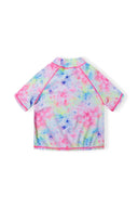 Vibrant girls pastel tie-dye two piece rash set with pink ruffles