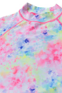 Vibrant girls pastel tie-dye two piece rash set with pink ruffles